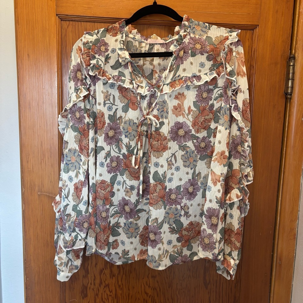 Floral Ruffle Tie-Neck Blouse
